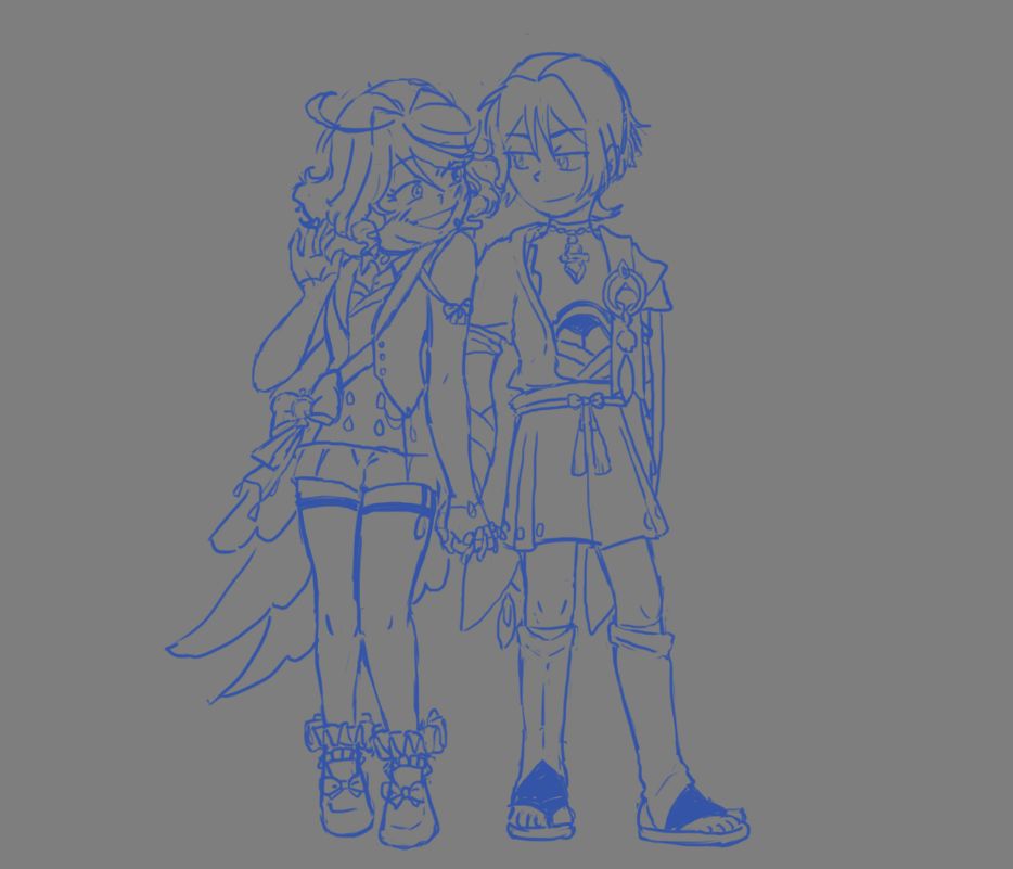 Furina e Scaramouche (Wanderer/Andarilho) de Genshin Impact o jogo, de mãozinhas dadas, felizinhos desenho rabisco em azul