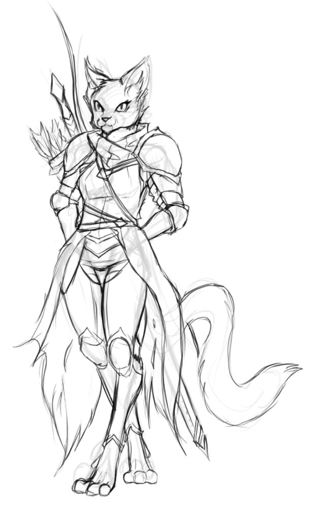 A female Katari with a gentle face, but imposing posture. She is wearing heavy plated armour covered by a Tabbard to protect from the heat of the sun. She carries a Greatsword, Longbow and a Quiver on her back.