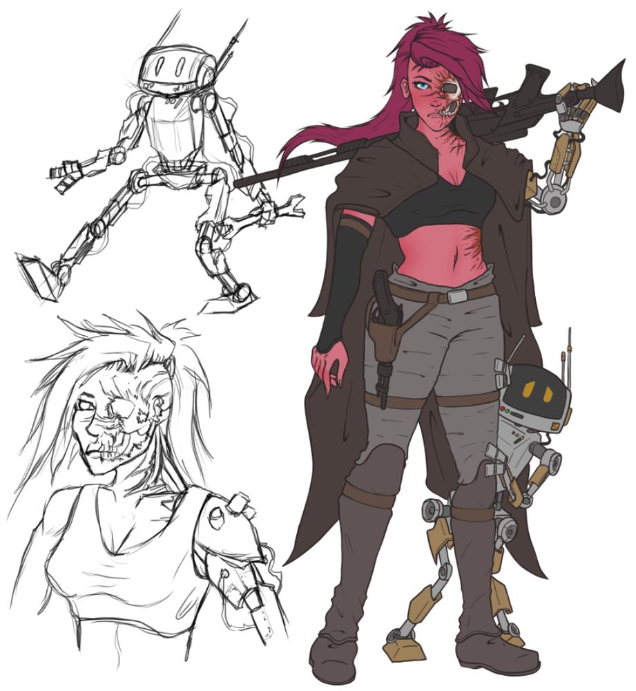 A female scout with long hair and a side cut. Half of her face is heavily scared to the bone and her left arm has been replaced with a robotic one. Besides her is a short humanoid droid.