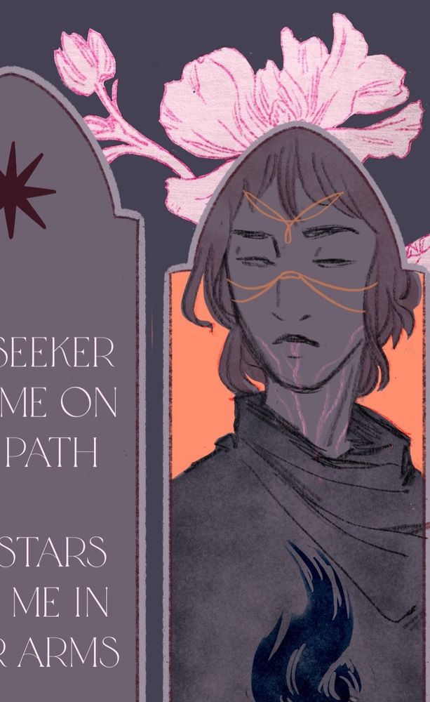 Cropped image of artwork in progress. Kye is framed in an arched panel with a bright peachy gold color behind her, the rest of her in grayscale, except for the gold facial jewelry draping over her cheeks and forehead. She is impassive looking, holding a black flame in one hand. She is covered in light scars, wearing a large dark cloak. She has dark short cut hair. Part of the Seeker’s prayer can be seen in the panel next to her but it’s mostly cut off. A pink and white flower pattern sits on a dark gray background behind the panels