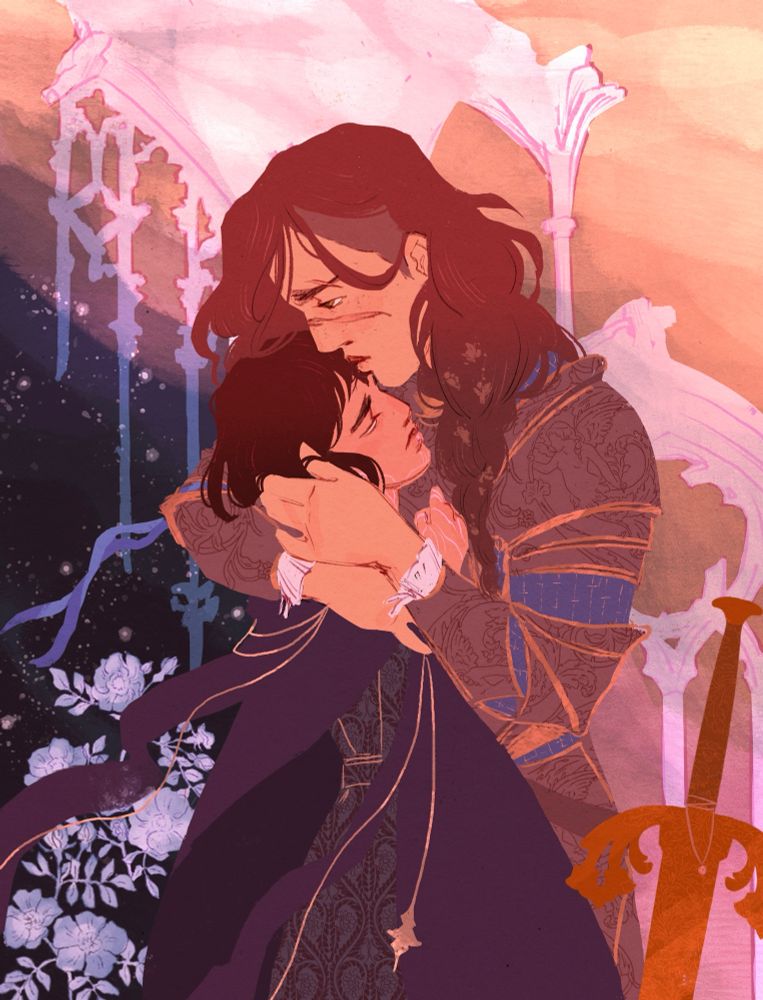 Artwork of Kye and Jude from the book Name Her Holy. Jude is holding Kye, arms around her shoulders, one hand in her hair. Kye is leaning into Jude, head tilted back, one hand on her chest. Jude is looking over Kye’s head off onto the distance, her expression is murderous. Jude’s white, has freckles, a long scar over her nose. Her long auburn hair is in a loose braid with little flowers and an undercut. She is wearing gilded armor with a cornflower blue padded under coat. A blue ribbon tied to her elbow flaps in the breeze. A sword next to her, sticking out of the ground, with a small token wrapped around its hilt. Kye has tan skin covered with scarring, white eyes and short dark brown hair. She is wearing an elaborate dark purple cloak with light gold thin chains hanging from it. A mm embroidered tailored long jacket underneath. Broken ruins of cathedrals sit like ghostly visions behind them in a setting sun sky, giving way to dark starry night in Kye’s corner. Pale roses sit against the night sky. 