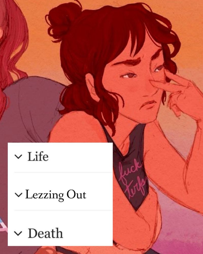 Modern artwork of Kye from Name Her Holy. She is at pride, being carried off by Jude with an arm around her waist. Kye is glaring and making a threatening “watching you” gesture at someone. She has tan skin, dark eyes and short dark brown hair pulled up in a little half bun. She is wearing a black tank top that says “fuck terfs”. Overtop is a screenshot from a wiki article with dropdown categories that are “Life”, “Lezzing Out”, “Death”