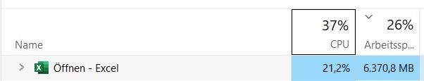 Screenshot aus dem Windows Task Manager. Excel benötigt 21,2% CPU und 6,3 GB Arbeitsspeicher.