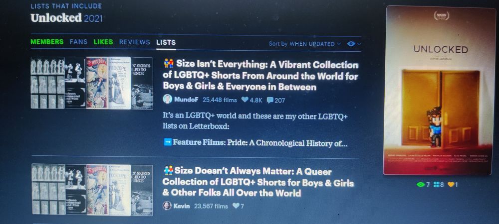 Photo d'une page du site Letterbox, concernant le film "Unlocked", 2021.
Lists:
 - 👭Size isn't everything: a vibrant collection of LGBTQ+ Shorts from around the world for Boys and Girls and everyone in between 
- 👭 Size doesn't always matter: a Queer collection of LGBTQ+ shorts for Boys and Girls & There folks all over the world