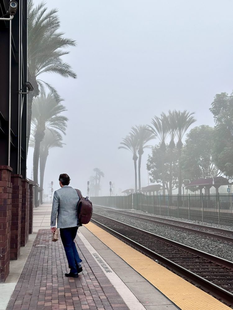 A man with dark hair wearing a gray suit jacket and jeans carries his sack lunch in one hand a large backpack over the opposite shoulder. It’s a foggy morning at a train station with palm & other trees in the mist. 