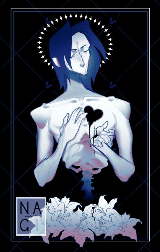 severus snape on an abstract background. a heart shaped hole on his chest oozes a black liquid, and he has a halo. his torso ends in a spinal chord.