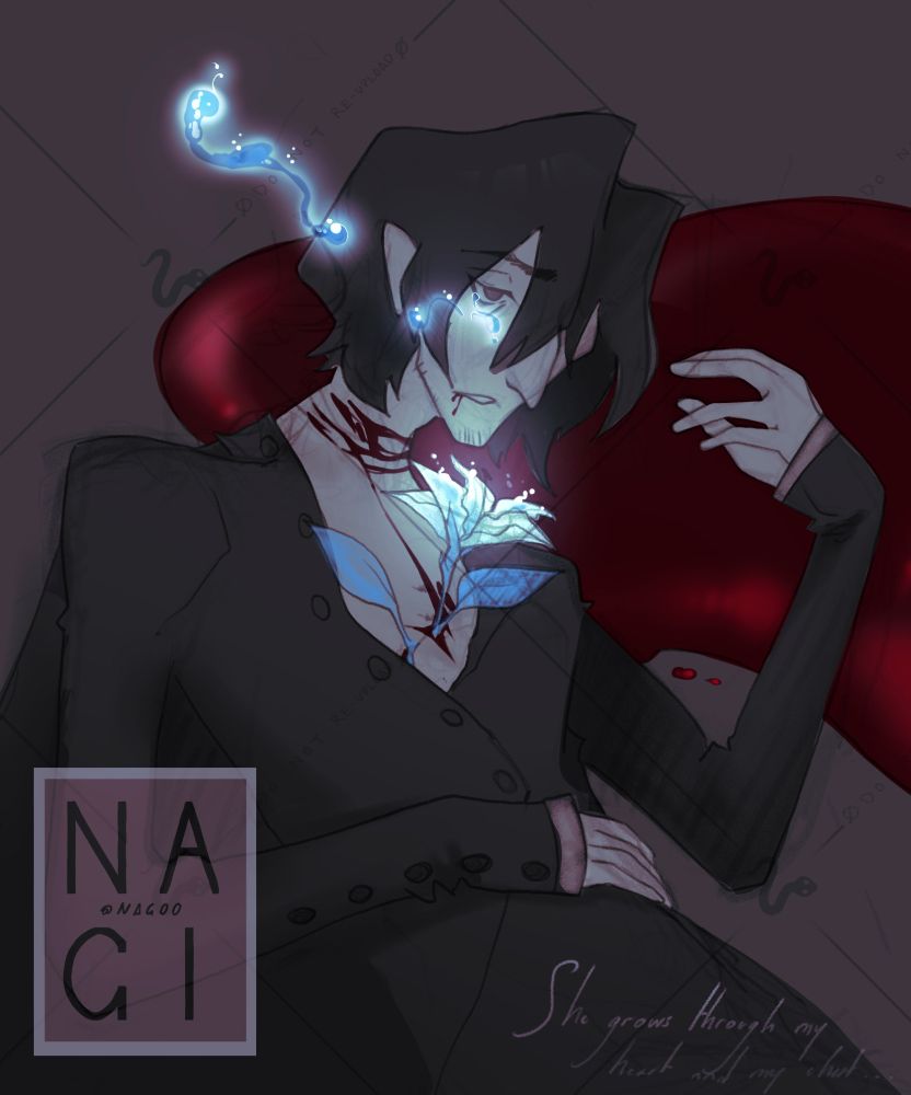 severus snape lies dead in a pool of his own blood. his tears are glowing and floating like a patronus, and a ghostly lily grows out of his heart.