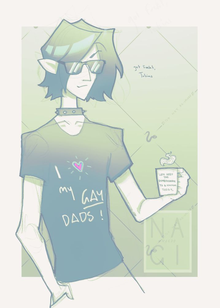 a young severus snape wearing a choker and a shirt that says "i (heart) my gay dads!". he holds a coffee mug that says "lets keep the dumbfuckery to a minimum today"