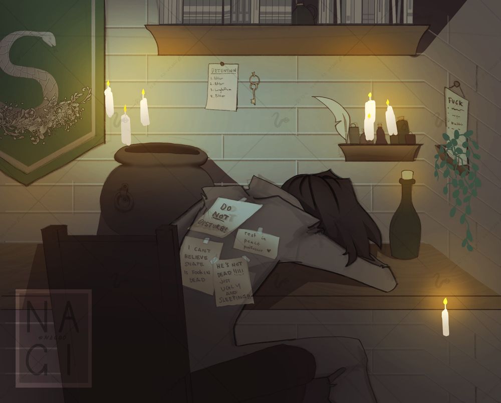 a sleeping severus snape is slumped over and dead looking in his seat. the students have left a series of notes taped onto his back.