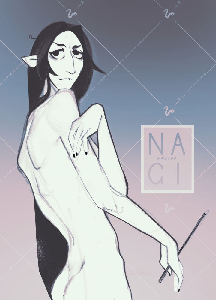 Severus Snape with very long hair poses nude on an abstract background.