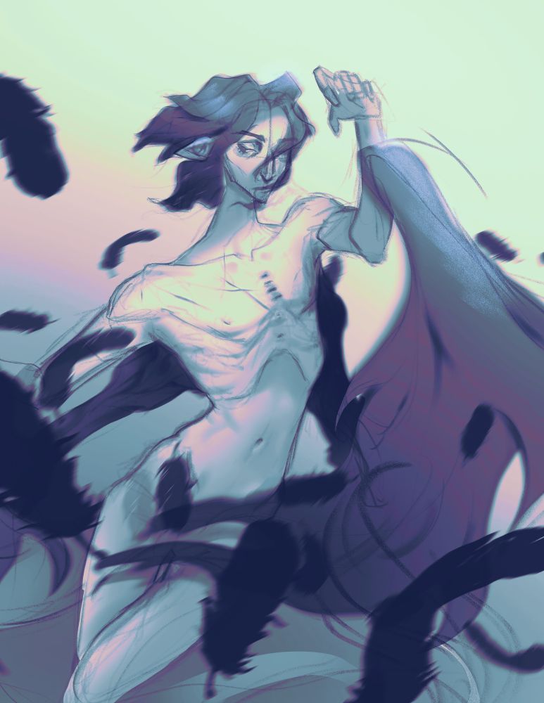 a winged and naked severus snape. his wings are malformed and he looks sickly.