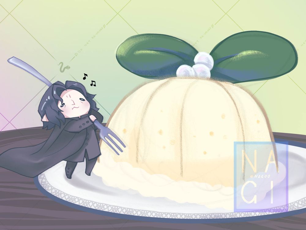 A tiny miniature Severus Snape from harry potter, holds a regular sized fork that is bigger than him. he uses it to eat a holiday blancmange dessert that is several times his size. happy holidays!