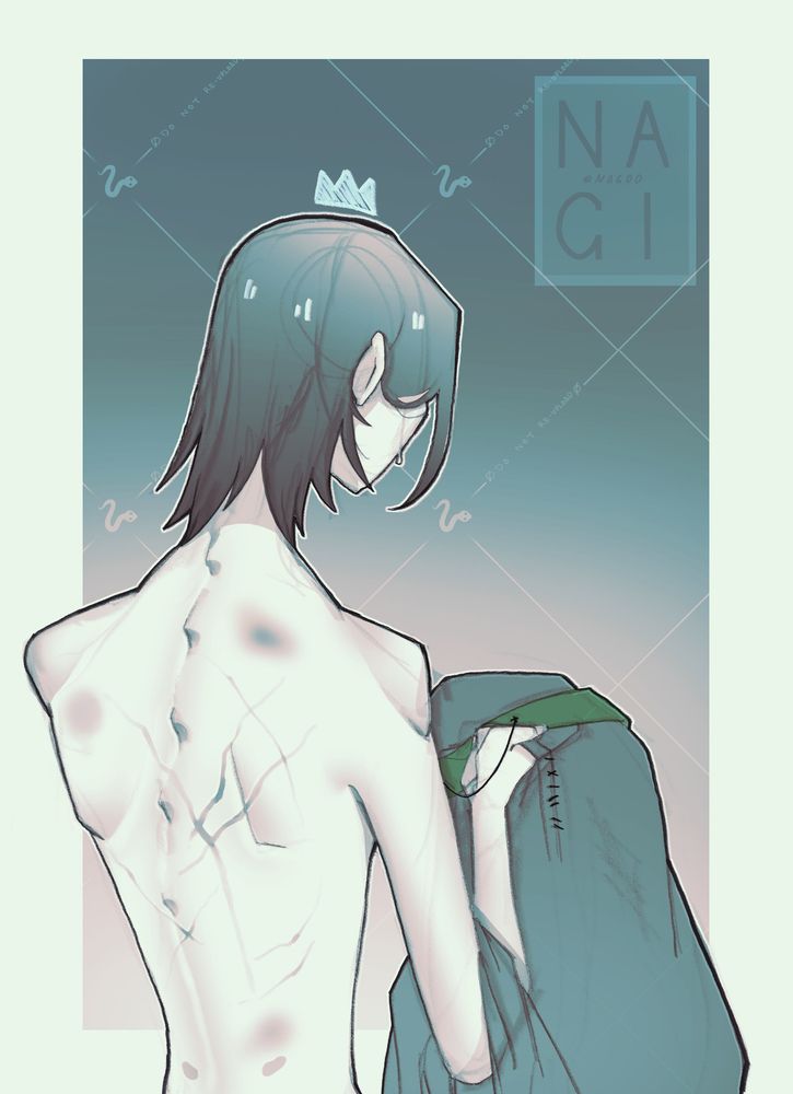 a young severus snape hand sews his torn uniform over the summer. he is shirtless and his back toward the viewed, covered in scars from a lifetime of beatings. a small tear can be seen running down his cheek.