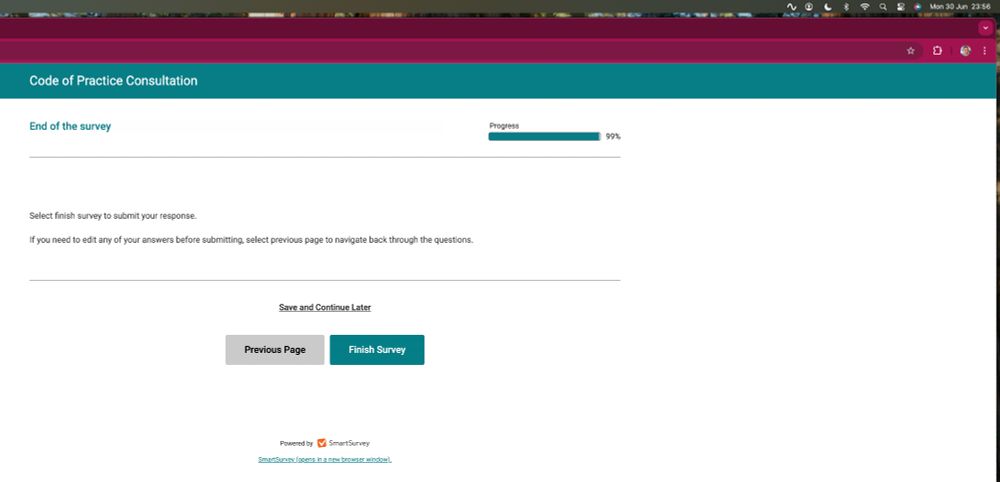 Screen shot of the submit prompt for the EHRC survey, sent at 23:58