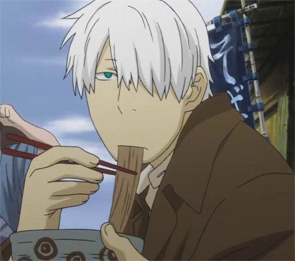 a man with white hair is eating with chopsticks from a bowl