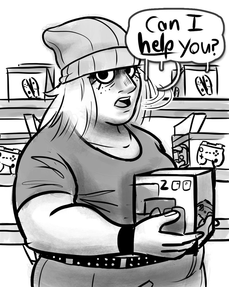 Chubby Girl holding a Switch 2 box, looking at you in disgust cuz you're sooooo annoying.