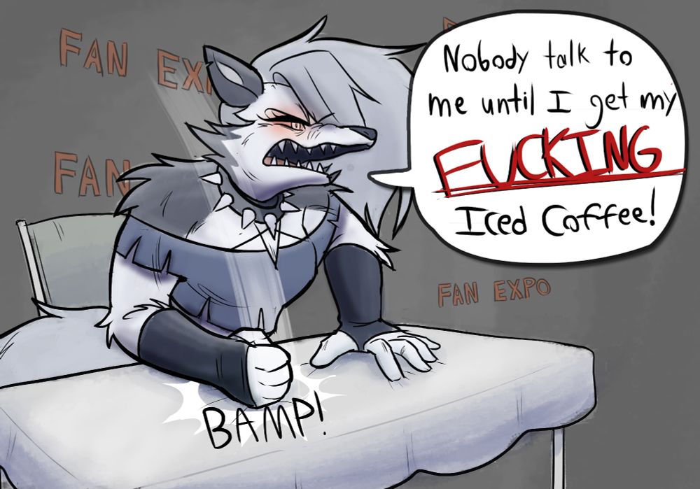 Loona slamming her fist on a table, demanding that no on talks to her until she gets her iced coffee.