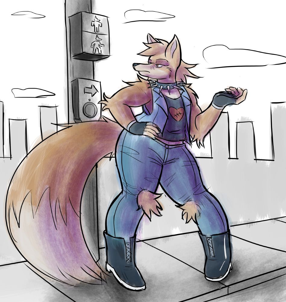 A fox woman dressed in ripped denim jeans and a denim jacket. She has a black undershirt with a stitched heart design on it, and has a long flowing tail.