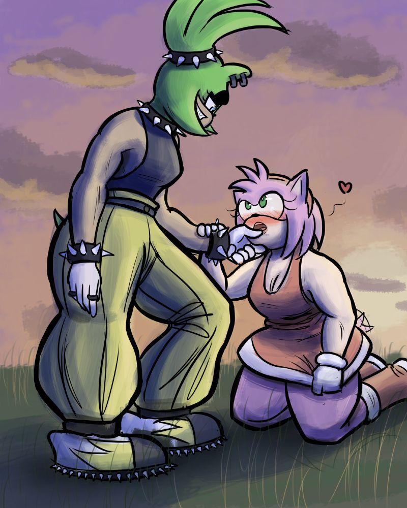 Surge seductively holding Amy by the lip while Amy looks up at her.