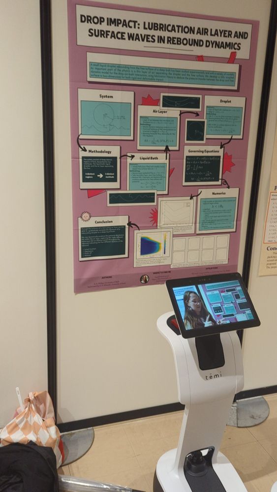 A portrait academic poster with title 'drop impact: lubrication air layer and surface waves in rebound dynamics'. In front of the poster is a small robot with a screen that has a video of Kat standing next to the poster giving a small talk about the work presented on the poster.
