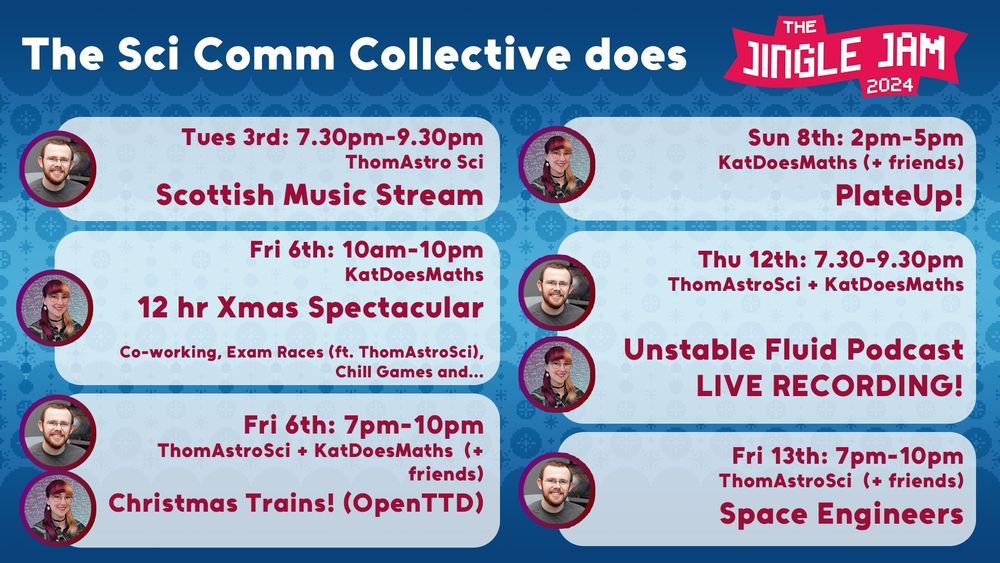 A schedule of streams 
Tuesday 3rd 7:30pm ThomAstroSci Scottish Music Stream

Friday 6th 10am KatDoesMaths 12 Hour Xmas Spectacular

Friday 6th 7pm Christmas Trains

Sunday 8th KatDoesMaths and friends Plateup

Thursday 12th 7:30 Unstable Fluid Podcast Live recording

Friday 13th 7pm ThomAstroSci Space Engineers