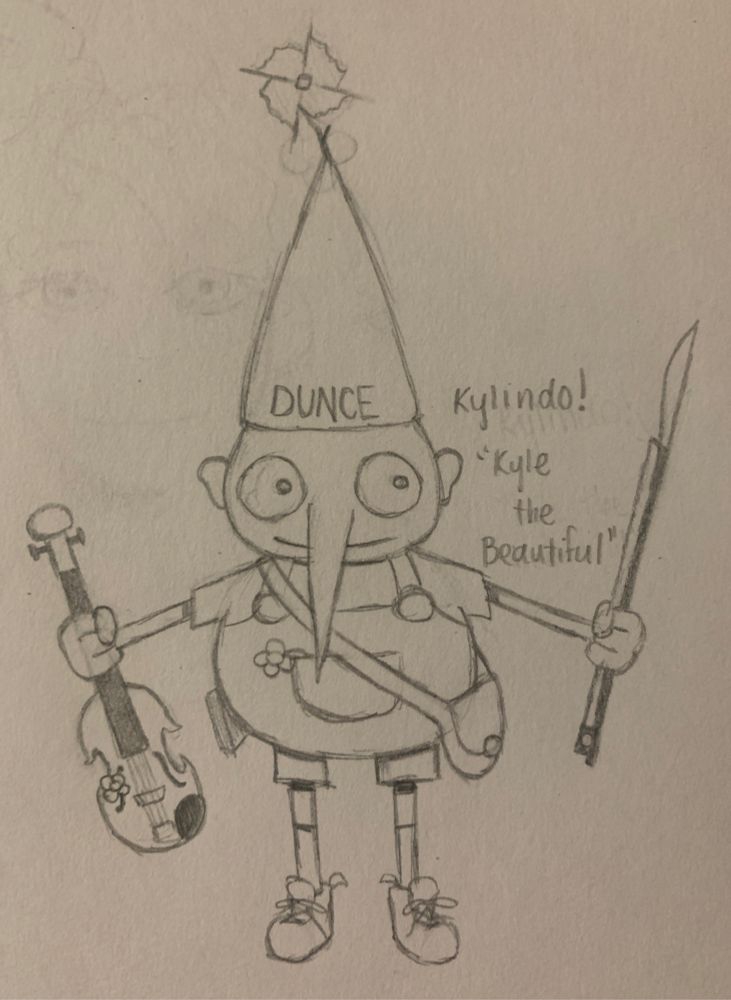 kylindo, an oc. wearing a dunce hat and holding a violin and bow, with a knife attatched.