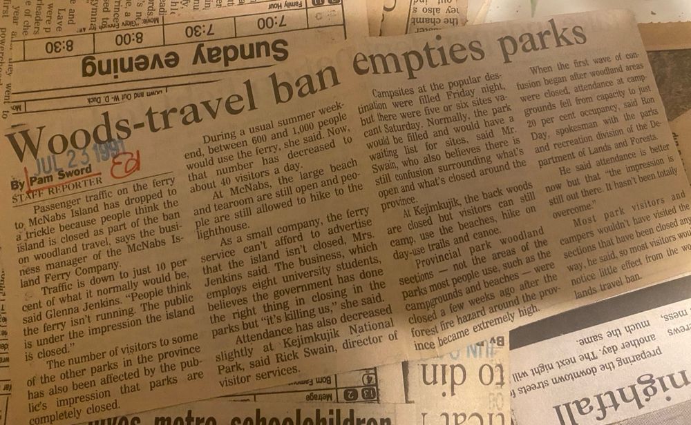 July 23, 1991 newspaper clipping talks about the effect on Nova Scotia parks of a woodland travel ban, brought about by a weeks-long drought.