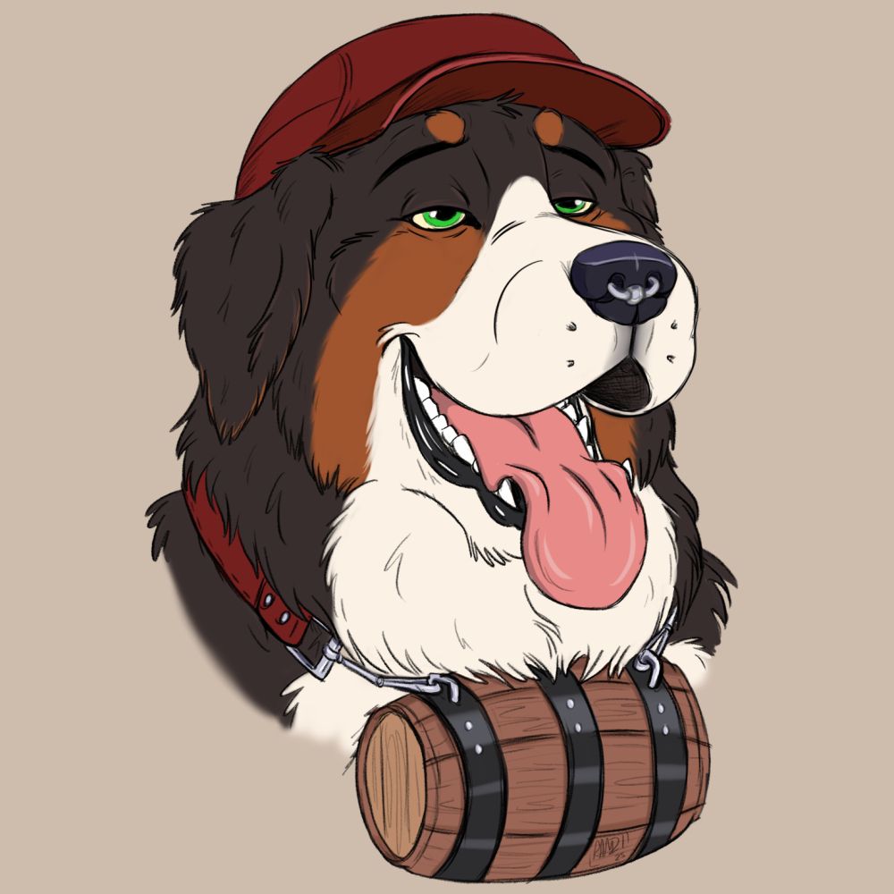 Digital headshot artwork depicting a Bernese Mountain Dog Character named Tucker, Wearing a red baseball cap and a barrel hung around his neck. He is panting happily with relaxing half-lidded eyes. Artwork by RAMZI