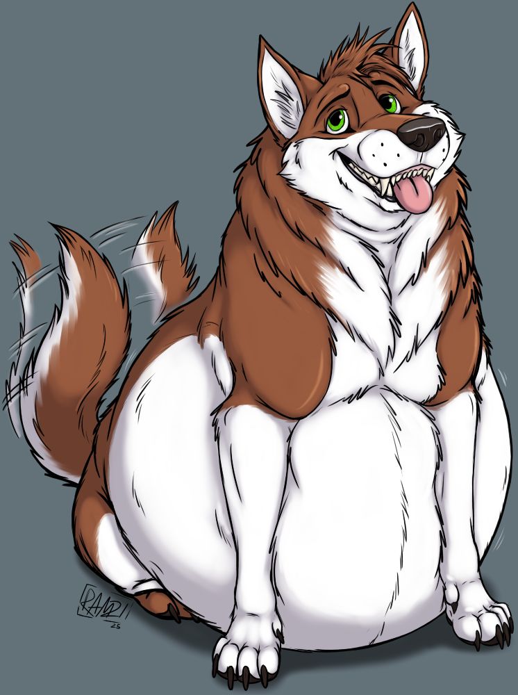 Artwork depicting a round bellied wolf named Cormack, Wagging his tail and smiling with his tongue sticking out waiting for treats. Artwork by RAMZI