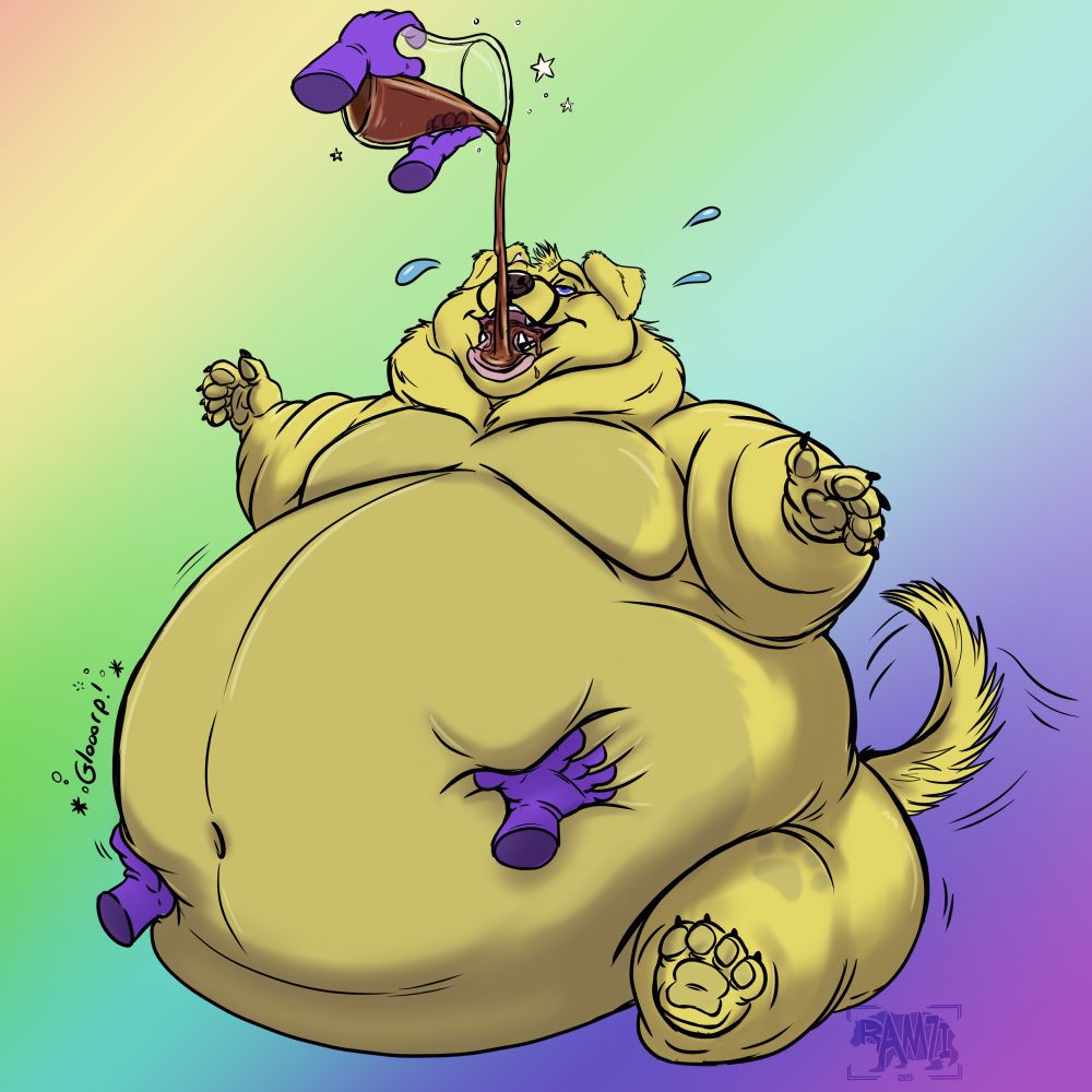 A Your Character hear art piece of a very fat Labrador named Bubbles, being fed fattening potion form a jug. Art By RAMZI