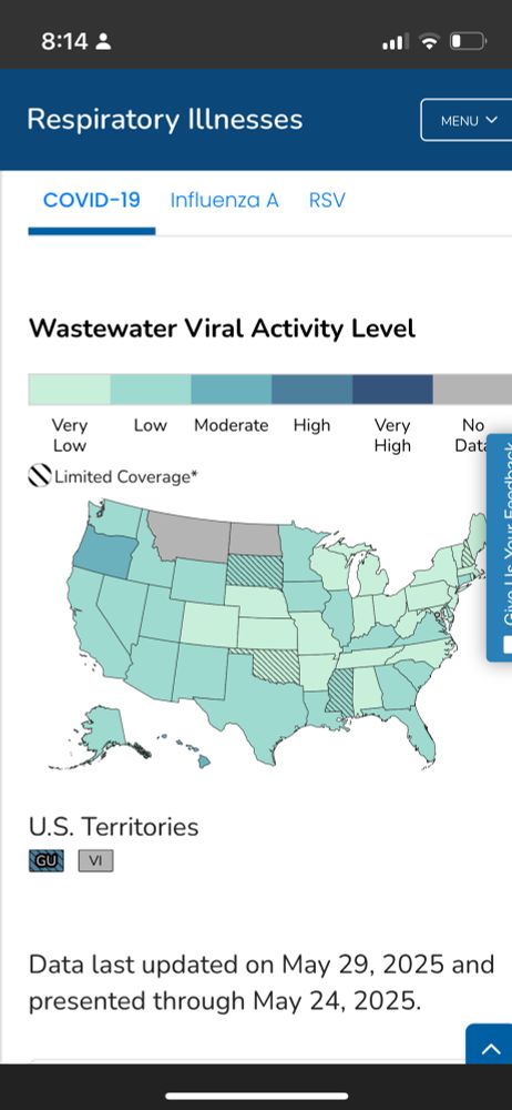 The CDC’s “Respiratory Virus Activity Levels” webpage also contains a US map of “Respiratory Virus Activity Levels” from last week. I have it set here for Covid. Guam is showing high levels of Covid activity and Oregon, moderate. The rest of the US is marked with varying levels of “low” or “no data.”

There’s a LOT of information on the wastewater surveillance webpages and it’s easy to go down several rabbit holes.