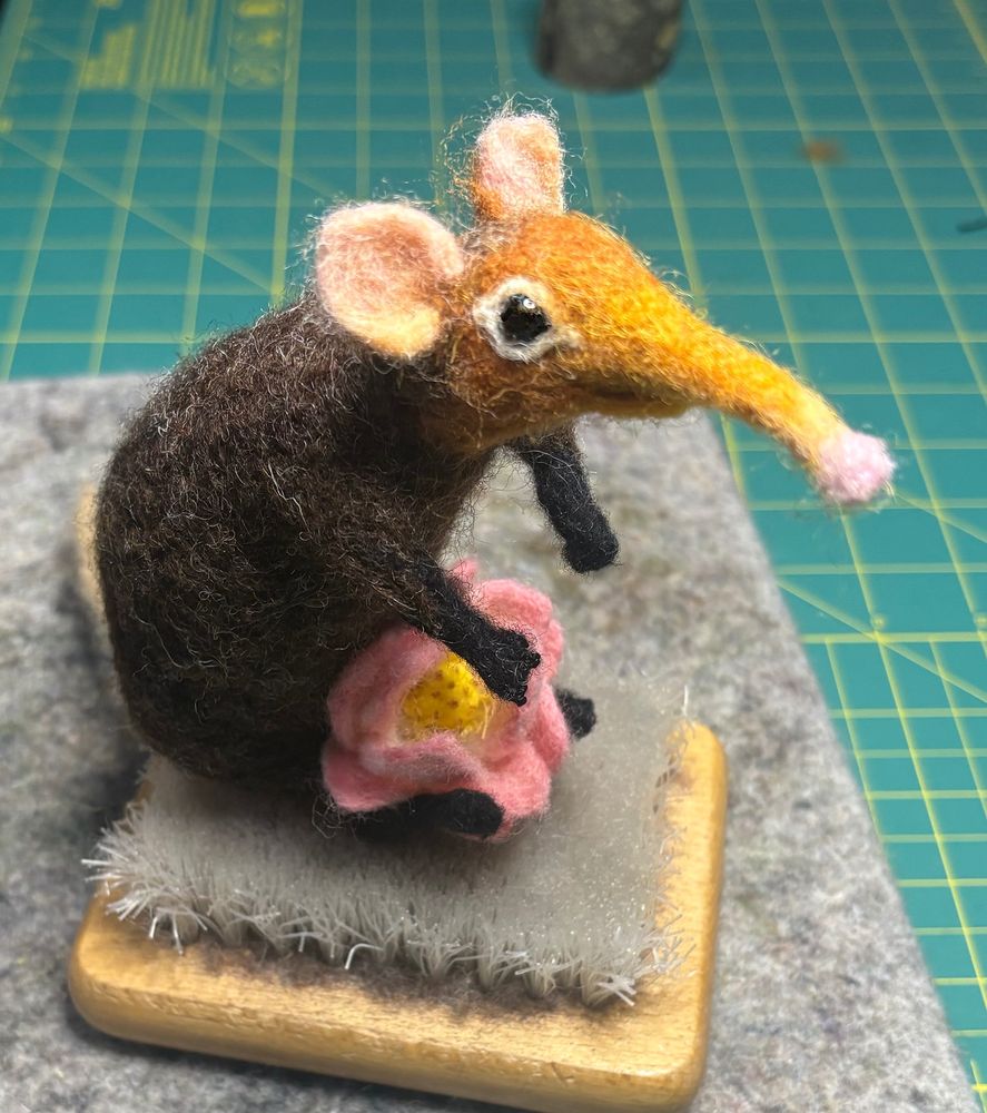 worrk -in-progress image of "Neither Elephant Nor Shrew"  Lynn Wartski needle felted anthropomorphic sculpture.