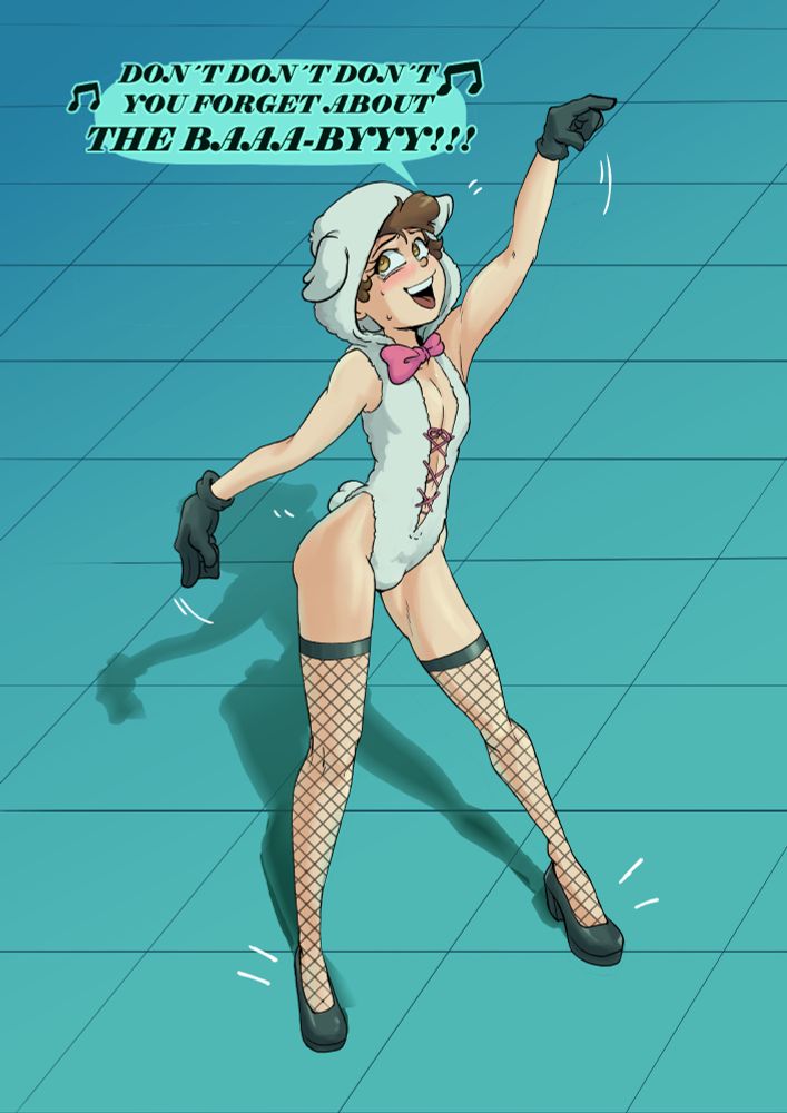 Dipper dancing in a skimpier version of the "lamby lamby dance" costume