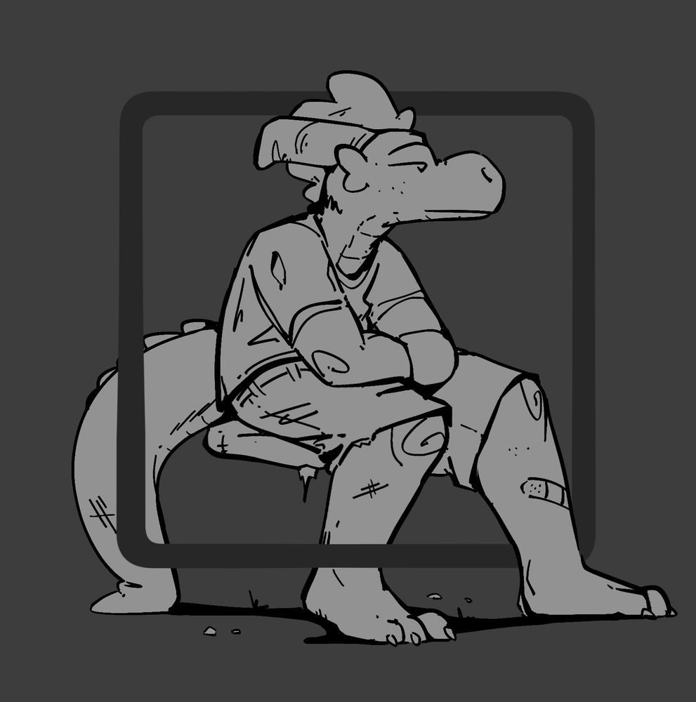 sketch of an kobold looking off into the distance with a neutral expression framed in a rounded square  
