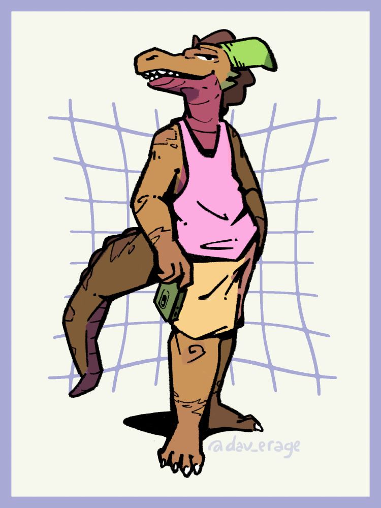 anthro kobold looking at the viewer wearing a pink tank top and yellow shorts holding a green phone to their side 