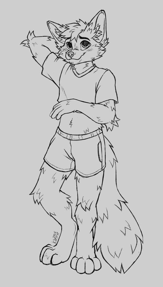 Fullbody sketch of furry fox character standing with one arm behind his head, smiling shily and blushing. He wears a crop top shirt and shorts.