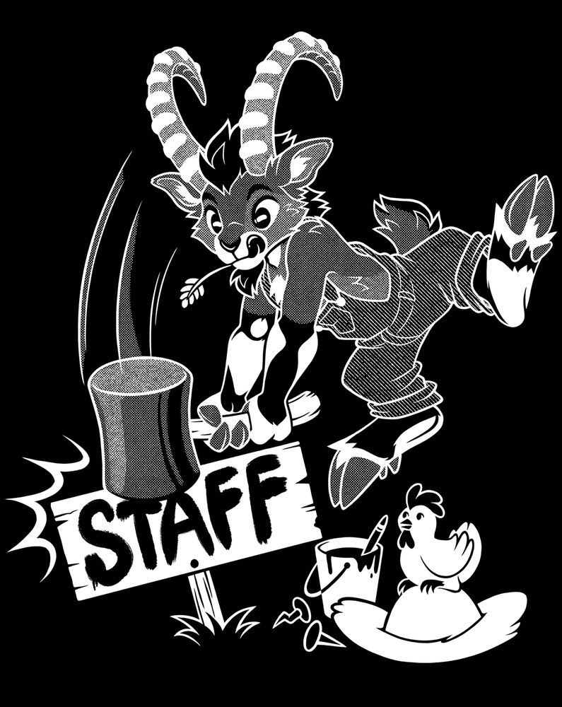 Cartoonish fullbody drawing of ibex character wearing bib overall. He is mid air hammering down wooden sign with "staff" written on it with huge hammer. On the ground is sunhat with chicken on top of it, bucket with paint and few nails. Everything is shown to the viewer from front.