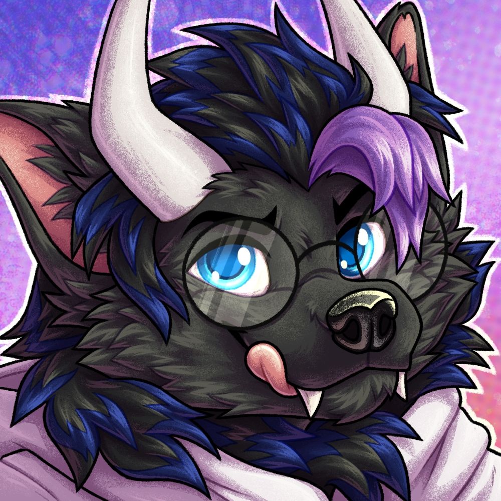 Headshot drawing of furry chimera character looking at the viewer. The character has a wolf-like face, with bull horns and lion mane. He wears big round glasses and hoodie.
