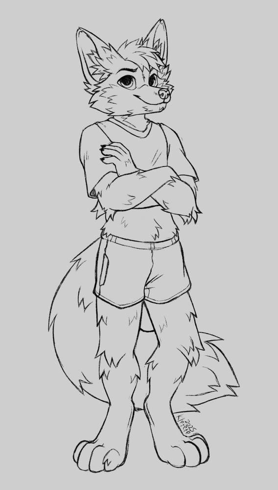 Fullbody sketch of furry fox character standing confidently with his arms crossed and smiling. He wears a crop top shirt and shorts.