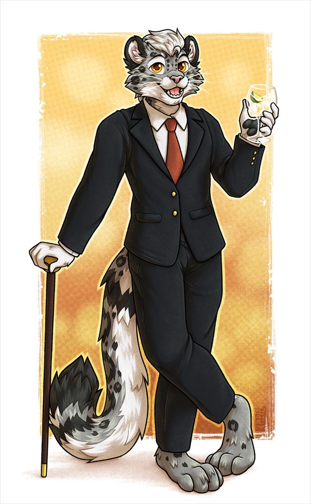 Fullbody drawing of furry snow leopard character, wearing a suit and holding glass of gin tonic and walking cane.