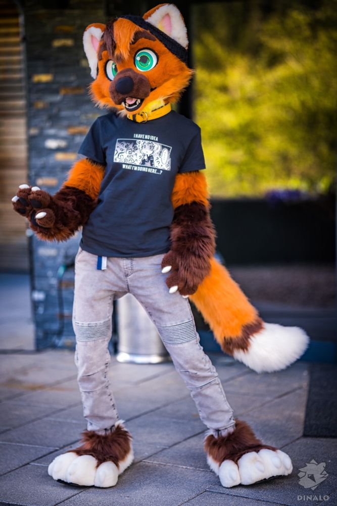 Photo of person wearing partial pine marten fursuit dancing.