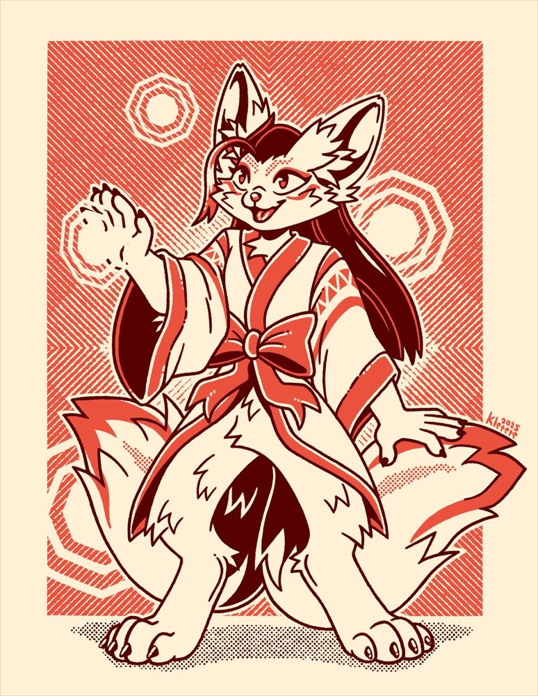 Fullbody drawing of furry fox character with two tails, wearing a kimono top with big bow in the front, holding up their hand as if casting a spell. The spell is represented by geometric shapes in the background.