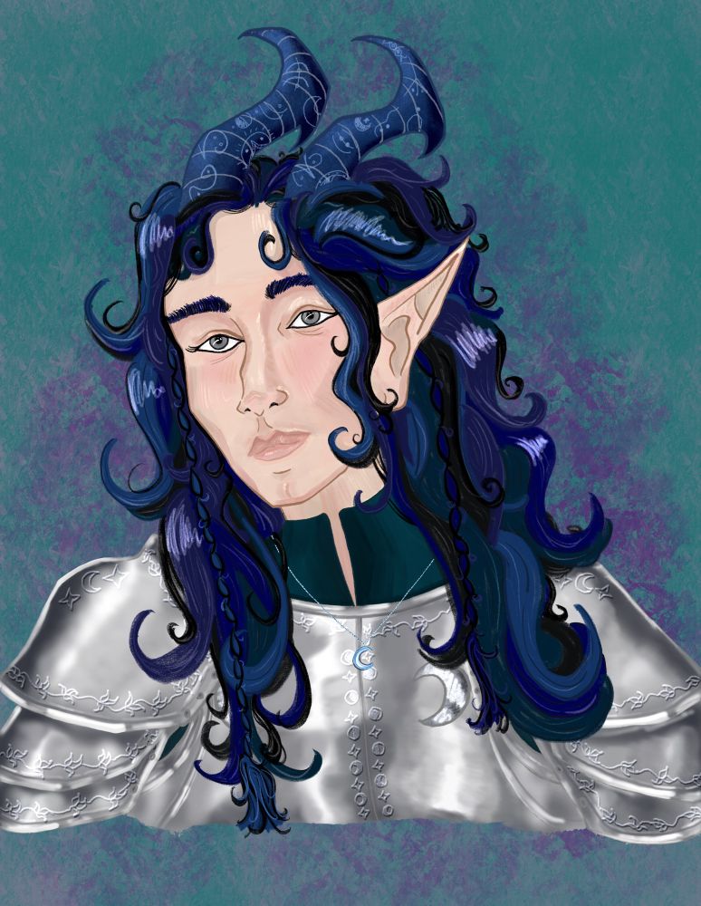 Digitally illustrated portrait of my OC, Indigo — a pale-skinned tiefling with horns that sweep backward. Their surface is inscribed with glyphs. He wears shiny armour embossed with leaves and crescent moons. Long, wavy, bluish-black hair with small braids drapes his shoulders. A crescent moon necklace rests around his neck
