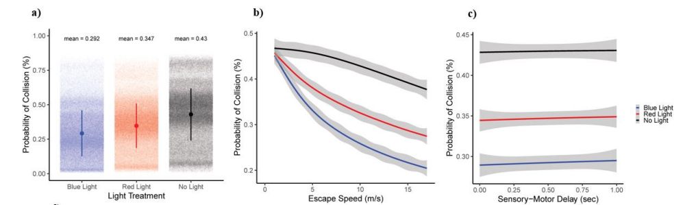 The relationship between each variable manipulated in our modeling and the probability of collision, where grey bars represent the standard deviation. a) The mean and standard deviation in the probability of collision for each of the three light scenarios, where each point represents the average probability of collision for over 500 runs of the model and with the same combination of manipulated variables. b) The relation between escape speed (m/s) and probability of collision for the three light scenarios. c) The relation between sensory-motor delay (sec) and probability of collision for the three light scenarios.