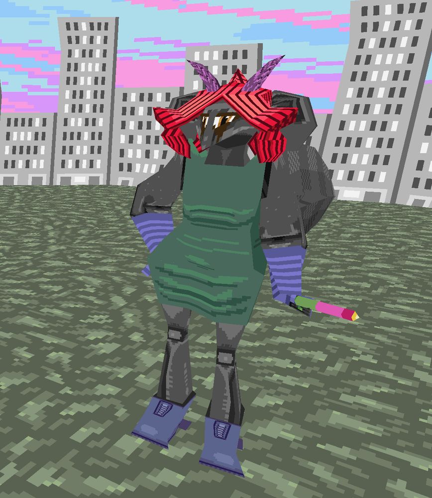 dark grey lowpoly creature with red curtain bangs and purple horns. they have big hips and a sage green dress on with blue striped arm warmers and matching shoes. they are holding a funny-looking cigarette