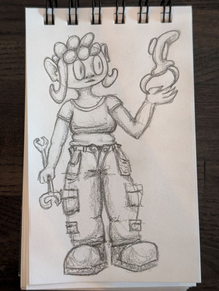 sketch of a lady with a short fluffy chelsea haircut with baggy cargo pants, big boots, and a t-shirt. she is holding a weird wrench in one hand and an amorphous alien creature with two big fangs in the other