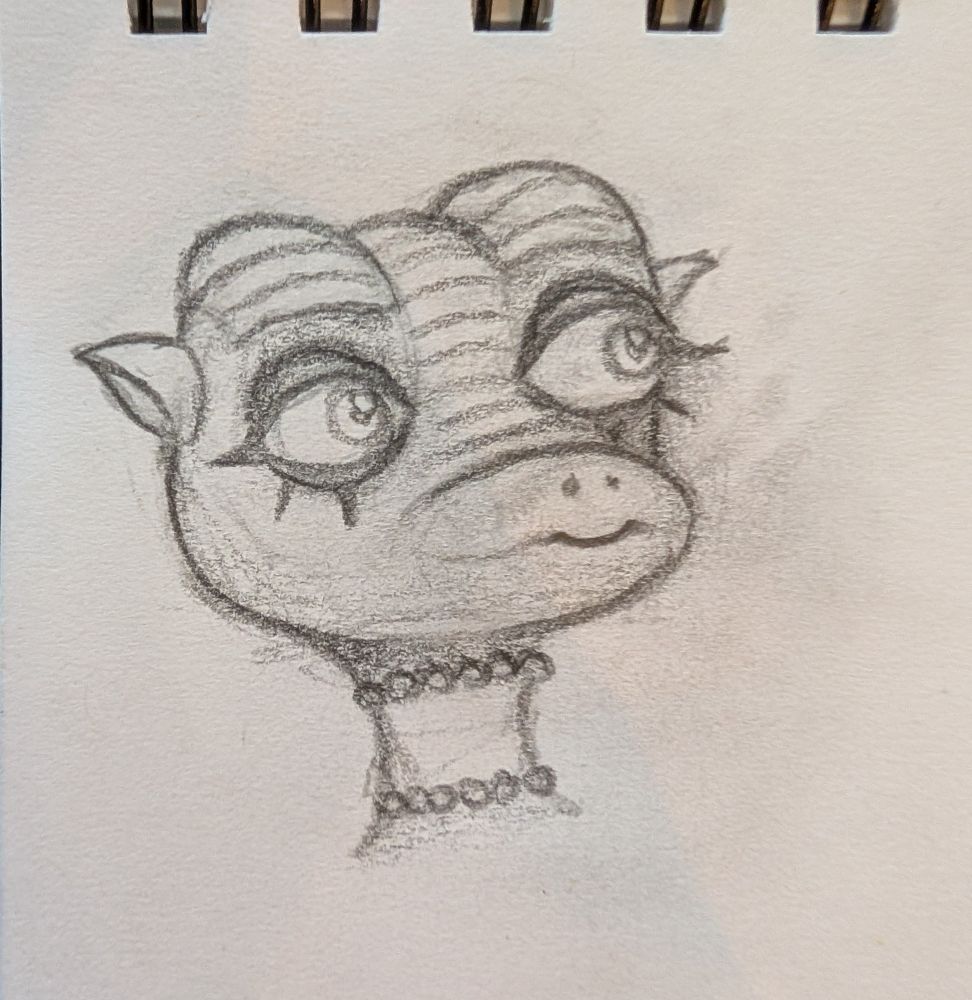 sketch of Z, a lizard-like kobold, with bottom lashes and a large lacey collar