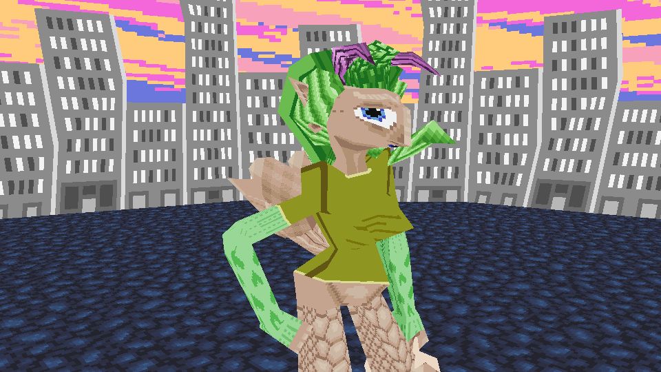 lowpoly pale-skinned creature with giant blue eyes, green thick hair, and purple horns in profile with hand on hip looking at the camera. they are wearing a slightly green mustard yellow top with green arm warmers with hearts. they appear to be holding a cup