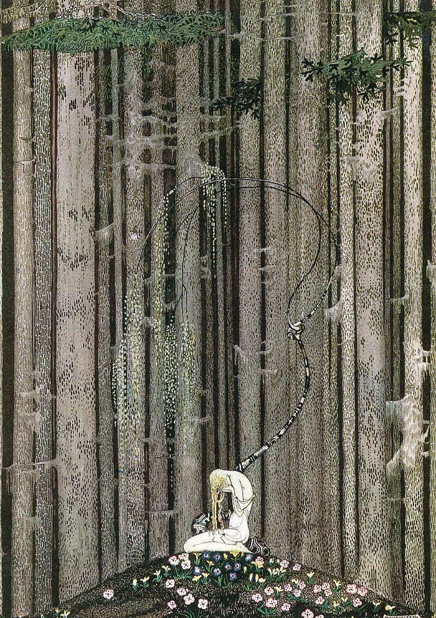A woman kneeling in the middle of a tall forest: Kay Nielson illustrated from East of the Sun, West of the Moon.