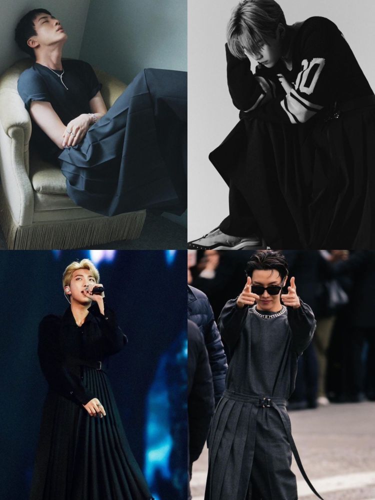 In clockwise order; Jin, Yoongi, Hobi and Joon looking fabulous in black designer skirt thingys.